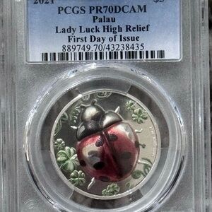 Palau 1 oz silver, graded PR70, $5 Palau Lady Luck High Relief Coin